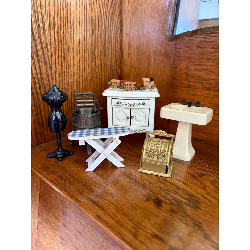 Vintage Dollhouse Miniatures Lot Dresser Ironing Board Cash Register Train Sink
